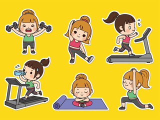 Fun kawaii fitness sticker set with dumbbells, stretching, yoga, and workout expressions. Great for exercise planners, health tracking, and cute sticker collections