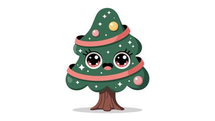 Festive Animated Christmas Tree: A whimsical illustration of a charming Christmas tree with adorable eyes, festive decorations, radiating joy, and the spirit of the holiday season. 