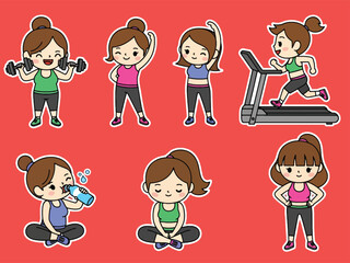 Fun kawaii fitness sticker set with dumbbells, stretching, yoga, and workout expressions. Great for exercise planners, health tracking, and cute sticker collections