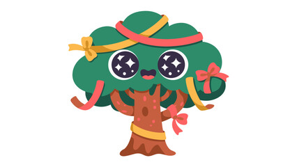 Happy Tree: A vibrant and cheerful illustration of a cute, cartoonish tree adorned with festive ribbons, exuding joy and positivity.