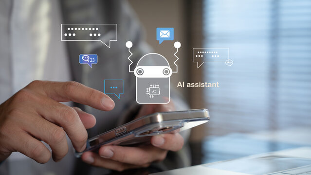 AI assistant interaction, Person using smartphone chatbot powered by artificial intelligence.