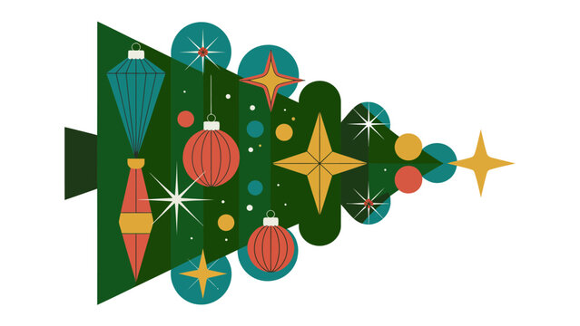 Festive Tree Decorations: A whimsical, flat illustration of a Christmas tree with various ornaments. This minimalist approach captures the spirit of the holidays with its bold shapes and colors.