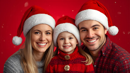 happy family wearing santa hat on red background