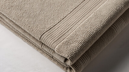 Close up of a folded beige bath mat or carpet. Neutral textured textile background for home decor or product display.