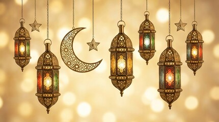 Decorative Islamic lanterns with a crescent moon and scattered stars hanging elegantly, symbolizing Ramadan and Eid celebrations