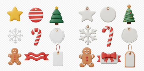 A collection of 3D rendered Christmas holiday elements and blank tags, including stars, trees, snowflakes, gingerbread men, candy canes, and ribbons.