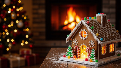 Festive gingerbread house on a wooden table with sparkling Christmas tree and cozy fireplace. Holiday tradition and winter celebration.