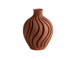 Terracotta vase with carved wavy vertical lines isolated on a transparent background clay