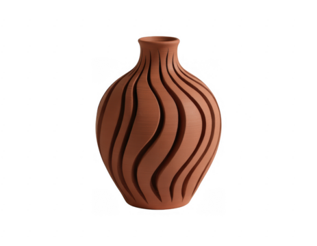 Terracotta vase with carved wavy vertical lines isolated on a transparent background clay