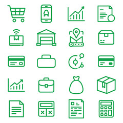 Dynamic Green Line Icons for E-Commerce and Business Analytics.