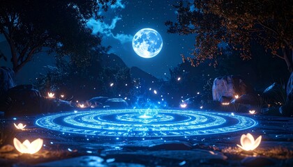 Obraz premium Blue full moon over dark ocean landscape with light from a star and a UFO in the night sky