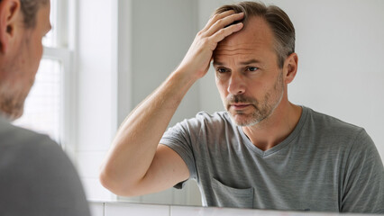 Middle aged man checking his hair in mirror. Concern about hair loss and thinning. Male pattern baldness concept for healthcare.