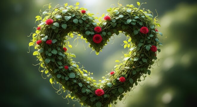 Heart shaped topiary adorned with vibrant red roses and lush green foliage in a sunlit garden setting