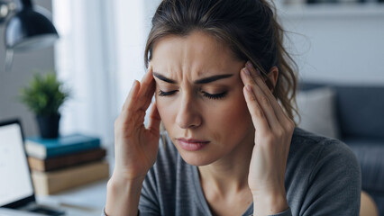 Woman experiencing severe headache or migraine. Caucasian female suffering from stress, fatigue, or illness. Health and wellness concept.
