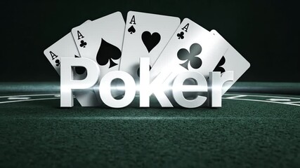 Poker game featuring four aces card on green felt table with dramatic lighting, gambling excitement, playing cards background, and casino game focus in black and white scheme - Powered by Adobe