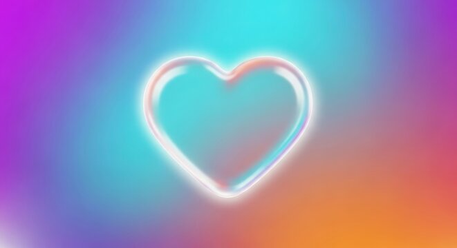 Glowing neon heart shape against a vibrant gradient background with soft focus and dreamy aura