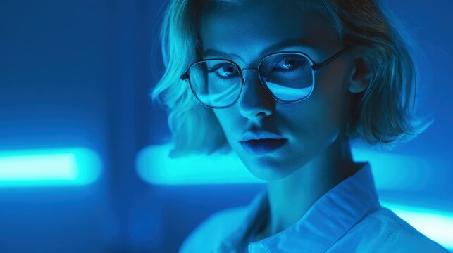 A stylish woman with glasses is illuminated by cool blue neon light in a futuristic setting - Powered by Adobe