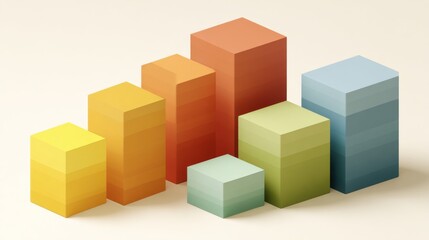 Obraz premium Colorful 3D Bar Graph Representation of Data Trends with Gradients and Shadows on Soft Background for Business and Marketing Visuals