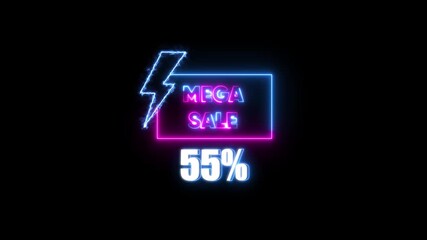 Neon lightning bolt and mega sale 55 percent off text with glowing effect on black background discount