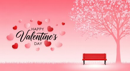 Romantic pink background with floating hearts and a solitary bench under a blooming tree for valentine s day celebration