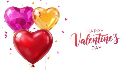 Three shiny heart shaped balloons in red pink and gold with confetti and happy valentines day text