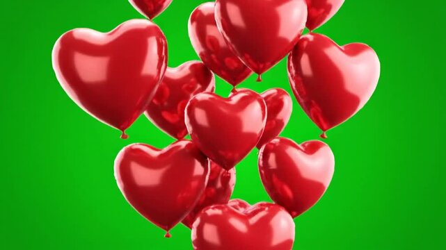Floating Red Heart Balloons On Green Screen Background Symbolizing Love Romance Celebration Festive Party And Valentine Concept