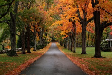 Obraz premium Driveway lined with vibrant autumn trees creating a picturesque view of nature's fall colors