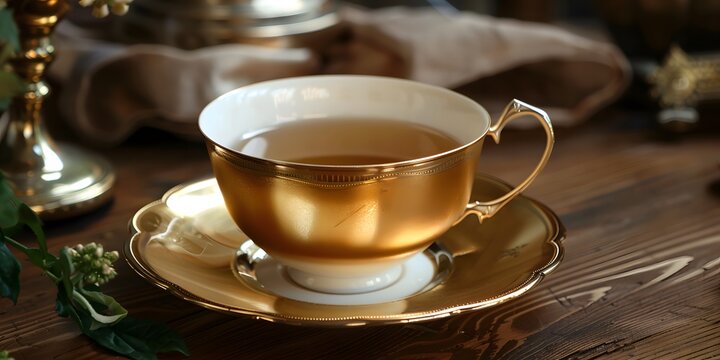 Elegant gold teacup filled with warm beverage on a rustic wooden table, evoking comfort and tradition. - Powered by Adobe