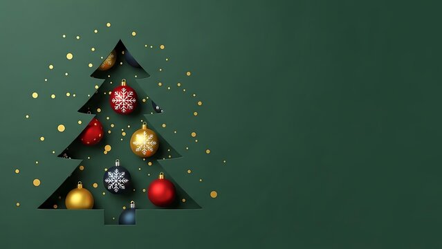 Christmas tree paper cutout with ornaments and golden confetti background
