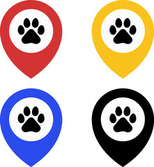 Colored location pin with paw print flat vector icon set