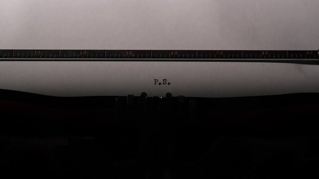 Typewriter keys pressing p.S. Onto a white paper, conveying a postscript, an extra note, or a supplemental message at the end of a letter, evoking nostalgia and retro communication