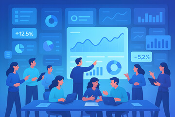 Dynamic team analyzing business data and financial growth charts in a modern office, fostering collaboration and strategic planning for success
