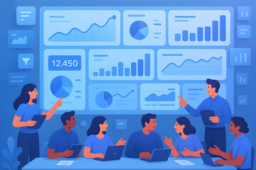 Dynamic team analyzing vibrant business data dashboards for strategic planning in modern office, perfect for corporate presentations and financial reporting