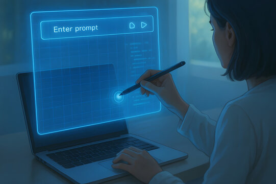 Futuristic interface with AI prompt on laptop screen, woman entering text with stylus for innovative digital creation and artificial intelligence concepts