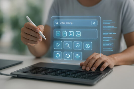 Creative innovator using AI tools on laptop for cutting edge project development, crafting brilliant prompts for next generation applications and automation