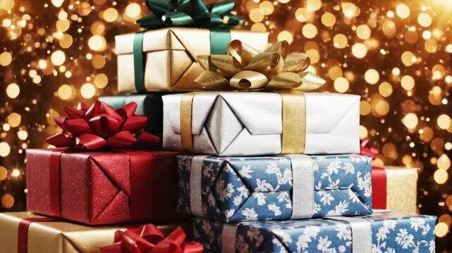 Stack Of Wrapped Gift Boxes With Festive Ribbons And Sparkling Holiday Lights Celebration Christmas Surprise Party Atmosphere