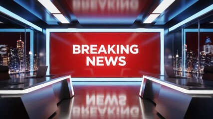 Broadcast studio set ready for breaking news reports with city skyline backdrop, ideal for news channels, media, and broadcast industries