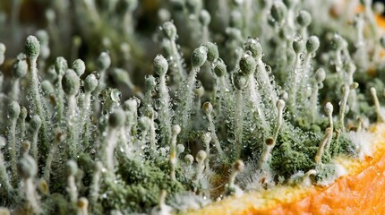 Macro photography of green mold or lichen growing on organic surface showing fuzzy texture and spores suitable for microbiology and fungal science concepts.