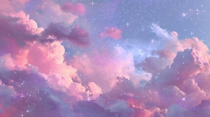 A dreamy pastel sky filled with soft pink clouds and sparkling stars creates a magical celestial atmosphere