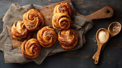 Several freshly baked, spiraled sweet pastries rest on a rustic wooden board beside wooden spoons holding granulated sweetener.