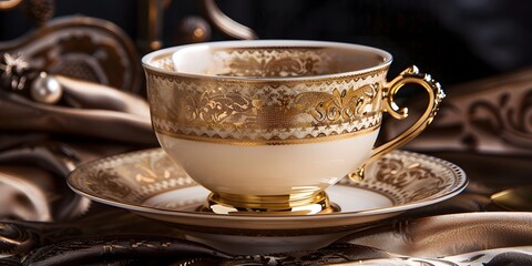 Elegant porcelain teacup with ornate gold detailing, set on a matching saucer in a luxurious, softly lit scene.