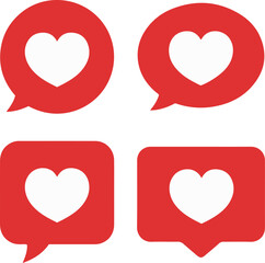 Red heart symbol inside speech bubble flat vector icon set