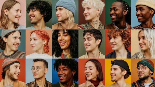 Colorful grid of diverse smiling faces celebrates community inclusion and modern friendship as people in casual outfits react and laugh against bright studio backdrops