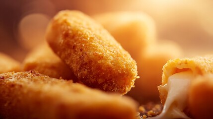 Deep fried breaded cheese sticks feature a warm melted interior oozing out from a broken piece