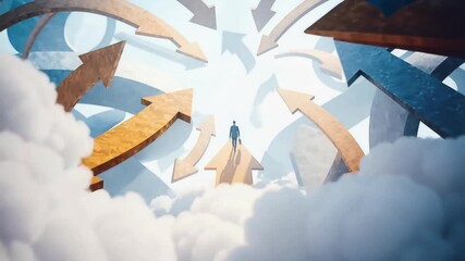 Lone figure walks on golden arrow road through surreal maze of twisting paths choosing new direction and symbolizing decision making opportunity and strategic life choices
