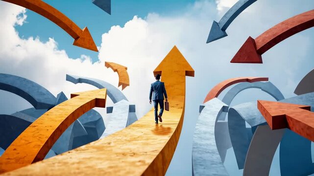 Businessman walks confidently along elevated golden path toward bright sky while surrounding arrows point different ways representing clarity courage and focused strategy amid confusion