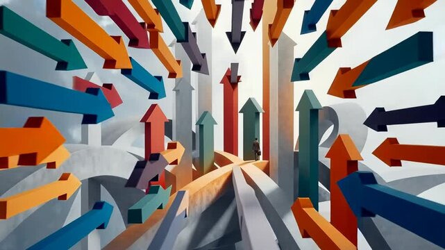 Tiny figures stand among towering geometric arrows pointing upward in futuristic landscape illustrating teamwork innovation business growth and ambitious performance targets for success