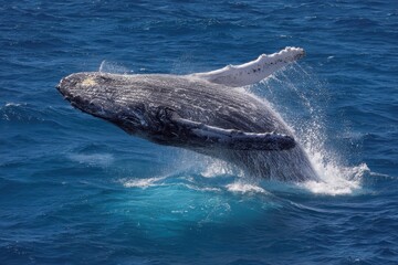 Fototapeta premium Humpback whale breaching in the clear waters of Australia showcasing its powerful leap and magnificent presence against the blue ocean backdrop