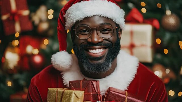 Black santa claus holding christmas gifts smiling at the camera