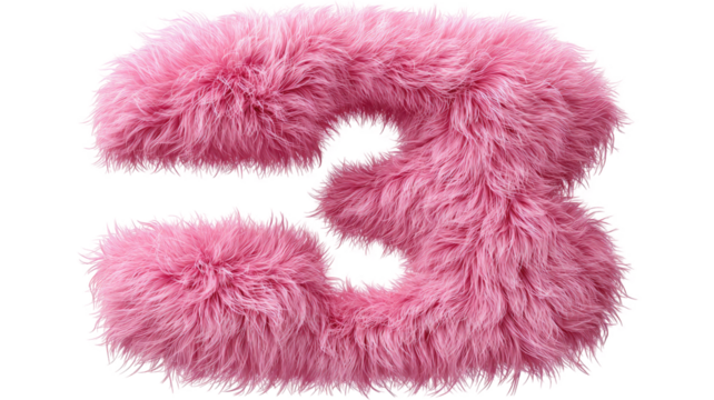 pink fluffy textured number 3 created from soft fur material,isolated on white background for playful decorative design and creative typography projects